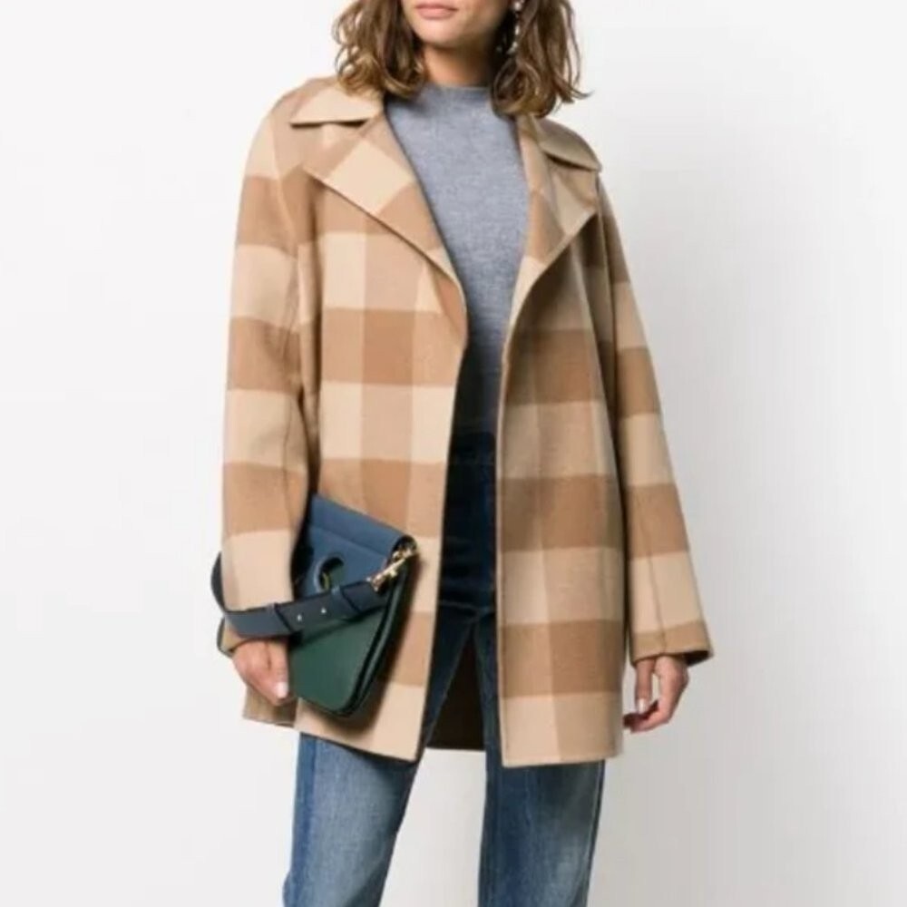 Theory Double-Faced Check Overlay Coat Camel Plaid Multi Check Wool Felt Open